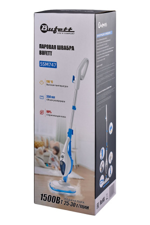 Швабра паровая Bufett SSM 747, 9 насадок, 350мл, 1500Вт, бело-голубая, 640747