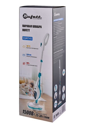 Швабра паровая Bufett SSM 745, 9 насадок, 350мл, 1500Вт, бело-бирюзовая, 640745